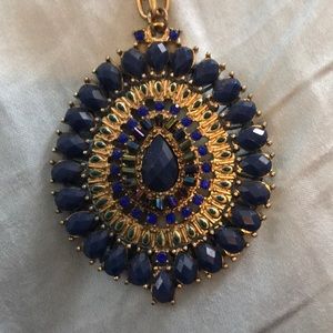 Anthropology blue and gold beaded pendant necklace